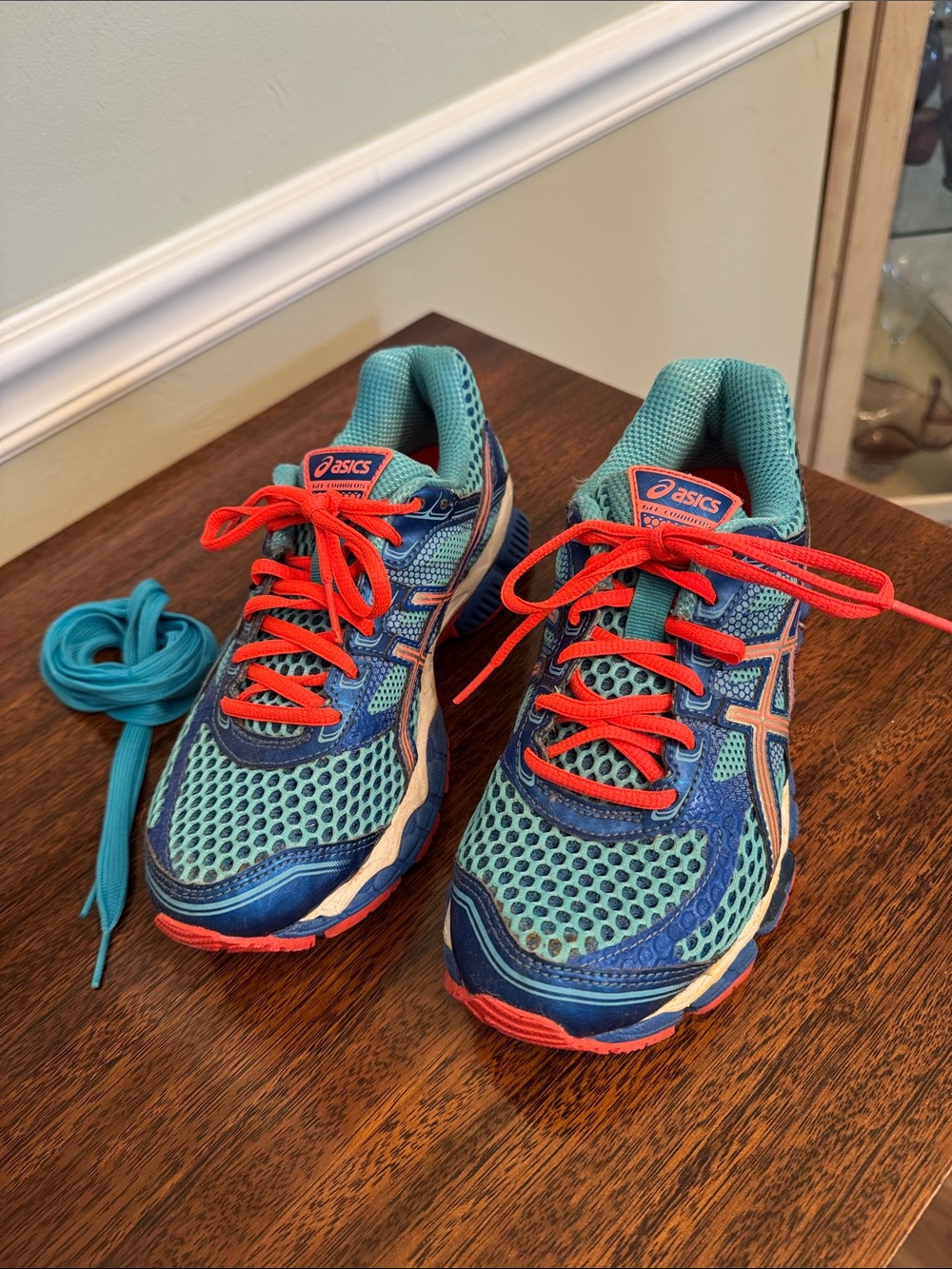 Asics Woman’s Teal & Navy Sneakers with Coral Laces